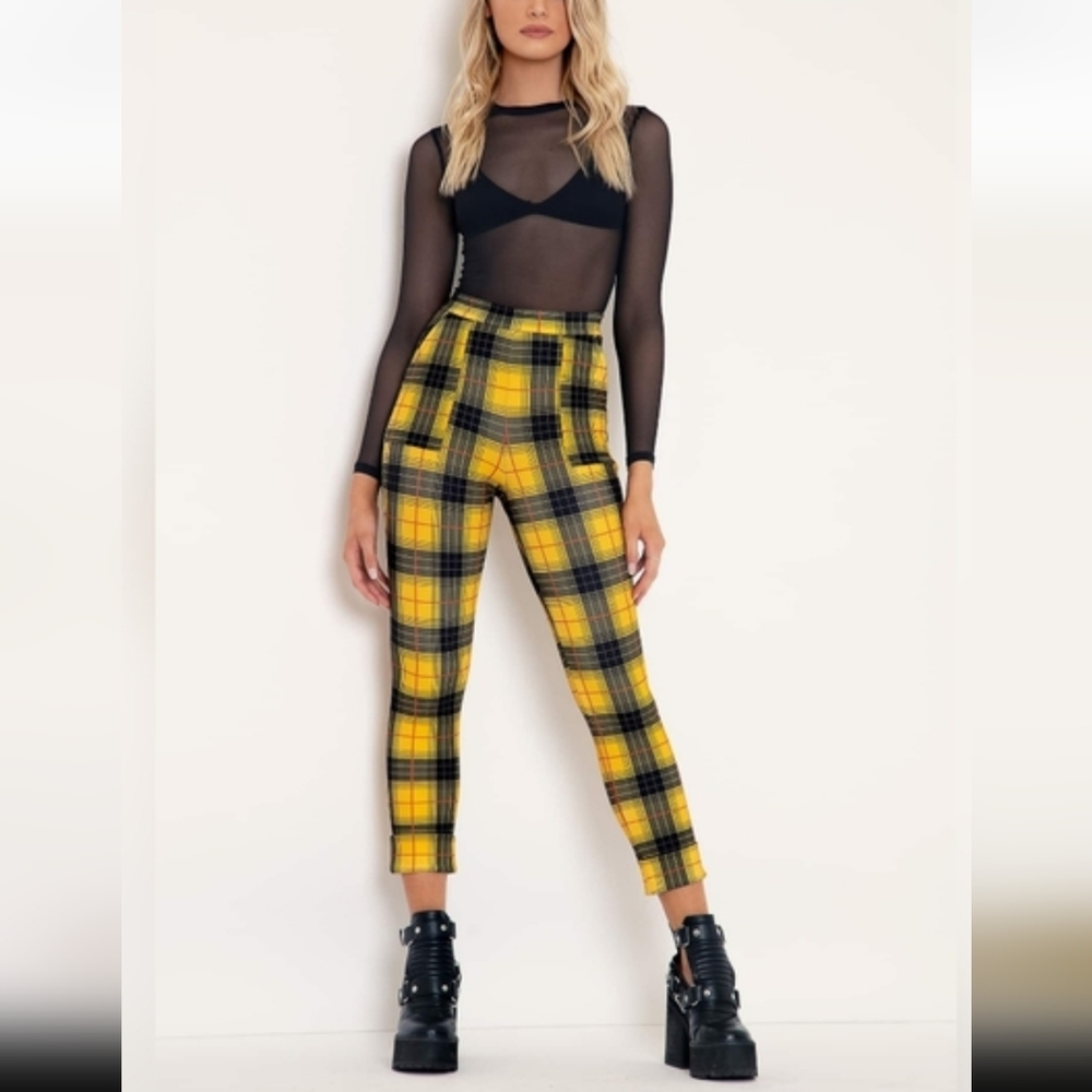 Blackmilk Yellow Tartan Cuffed High-Waist Pants